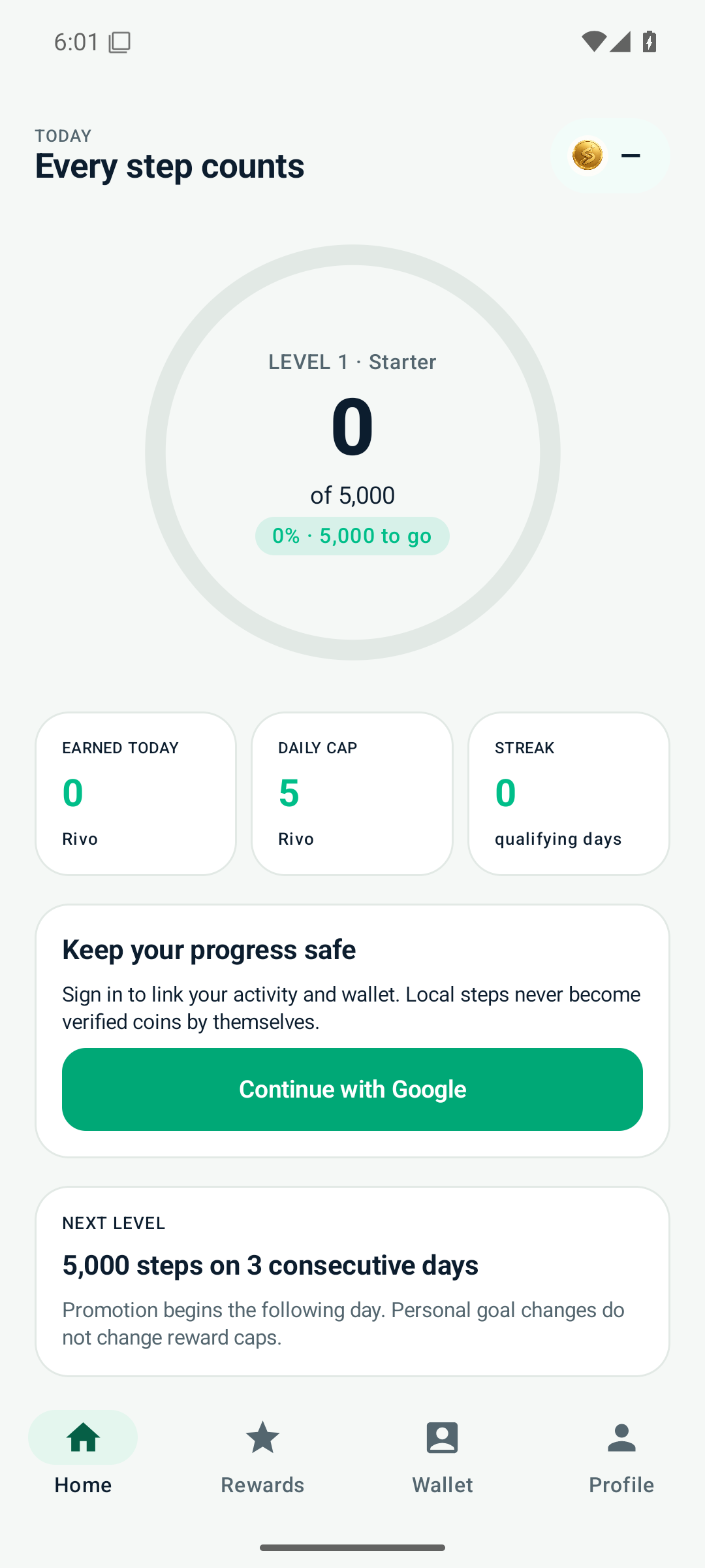 Steprivo's guest home screen, showing a daily walking goal and progress dashboard.